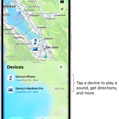 The Find My screen open to the Devices list. There are two devices in the Devices list: Danny's iPhone and Danny's iPad. Their locations are shown on a map.
