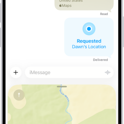 A Messages conversation with a dropped pin, a location request, and a location about to be sent.