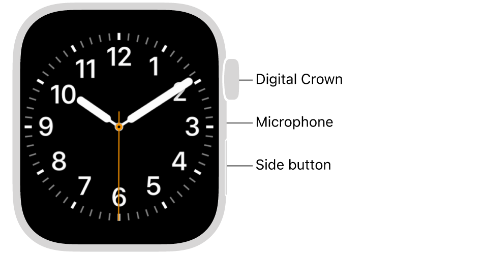 The front of Apple Watch Series 9, with the display showing the watch face, and the Digital Crown, microphone, and side button from top to bottom on the side of the watch.