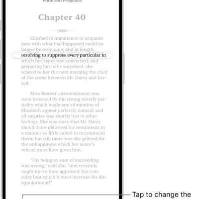 A page of a book in the Books app. A single line of text is highlighted and the rest of the text is dimmed. In the bottom-left corner of the screen is the Line Guide Menu button.