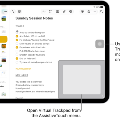An iPad with a virtual trackpad displayed in the corner of the screen. Also on the screen are the AssistiveTouch menu (which is used to open the trackpad) and the pointer (which is controlled by the trackpad).