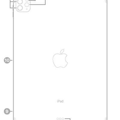 The back view of iPad Pro with callouts to the rear cameras and flash at the top left, Smart Connector and USB-C connector at the bottom center, the SIM tray (Wi-Fi + Cellular) at the bottom left, and the magnetic connector for Apple Pencil on the left.