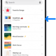 The Library tab showing the list of playlists. At the top are buttons to create a new playlist or create a new folder. A blue arrow is pointing to a playlist folder named Roadtrips.
