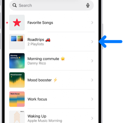 The Library tab showing the list of playlists. At the top are buttons to create a new playlist or create a new folder. A blue arrow is pointing to a playlist folder named Roadtrips.
