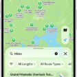 The Maps app showing results matching a search for hikes in a national park.