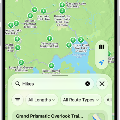 The Maps app showing results matching a search for hikes in a national park.