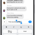 A Messages conversation with a new message selected in the text field, and formatting and effects options shown below it. The selected text appears with a preview of the effect.