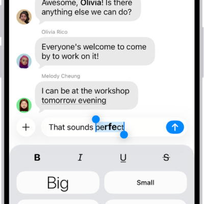 A Messages conversation with a new message selected in the text field, and formatting and effects options shown below it. The selected text appears with a preview of the effect.