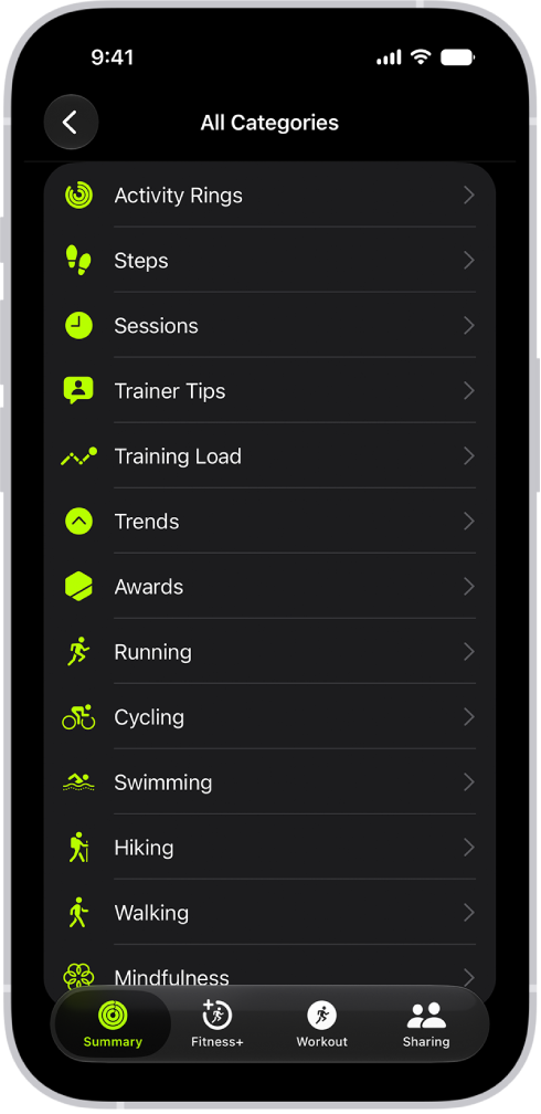 The Fitness screen showing a list of fitness categories.