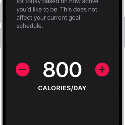 The Fitness Move Goal Schedule screen showing buttons to increase or decrease the Move goal by the day of the week.