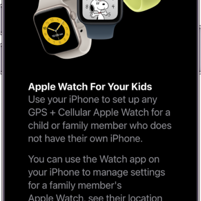 An iPhone showing setup details for Apple Watch For Your Kids.