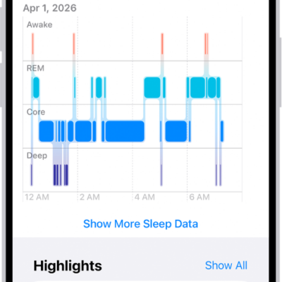 The Sleep screen in Health showing the estimated time spent awake and in REM, Core, and Deep sleep.