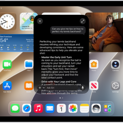 An iPad showing Siri answering a request about how to improve a tennis backhand.