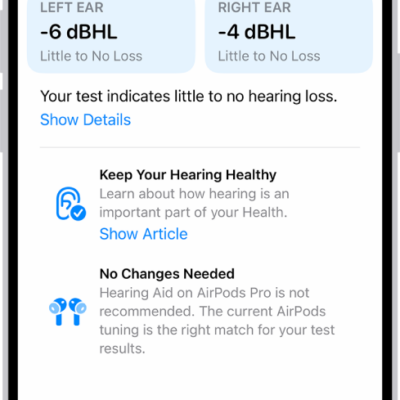 Hearing Test results on iPhone, showing little to no hearing loss in both ears. At the bottom are options to tap Done or set up Hearing Aid.