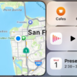 A CarPlay Dashboard showing Maps, Music, and Messages in the Sidebar. On the right is a map of San Francisco, navigation buttons, a now playing window, and a calendar entry.