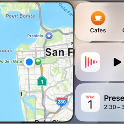 A CarPlay Dashboard showing Maps, Music, and Messages in the Sidebar. On the right is a map of San Francisco, navigation buttons, a now playing window, and a calendar entry.