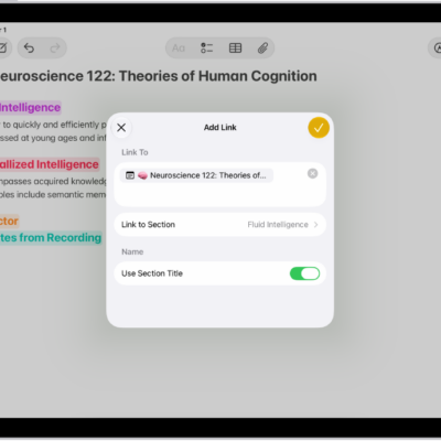 Adding a link to a section in a note in the Notes app.