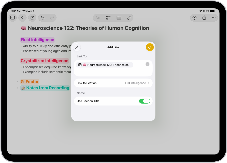 Adding a link to a section in a note in the Notes app.