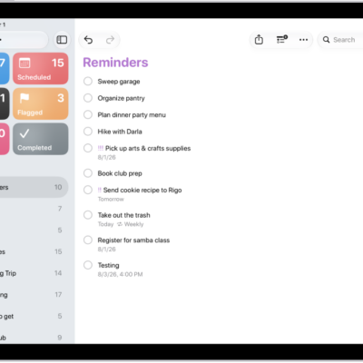 The Reminders app, showing a new task being added to the Reminders list.