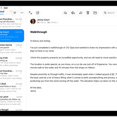 The Mail Inbox, with the list of messages on the left, and an open message on the right. The Undo Send button (for pulling back a recently sent message) is at the bottom of the message list.