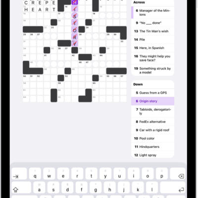 A partially filled crossword puzzle, with the clues along the left side.