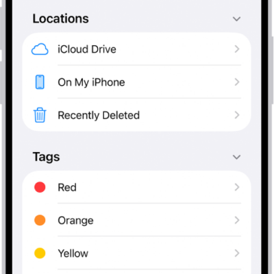 The Files app displaying multiple folders and locations named Downloads, Letters, Family, and so on. At the bottom of the screen are buttons for Recent files, Shared files, and the Browse tab.