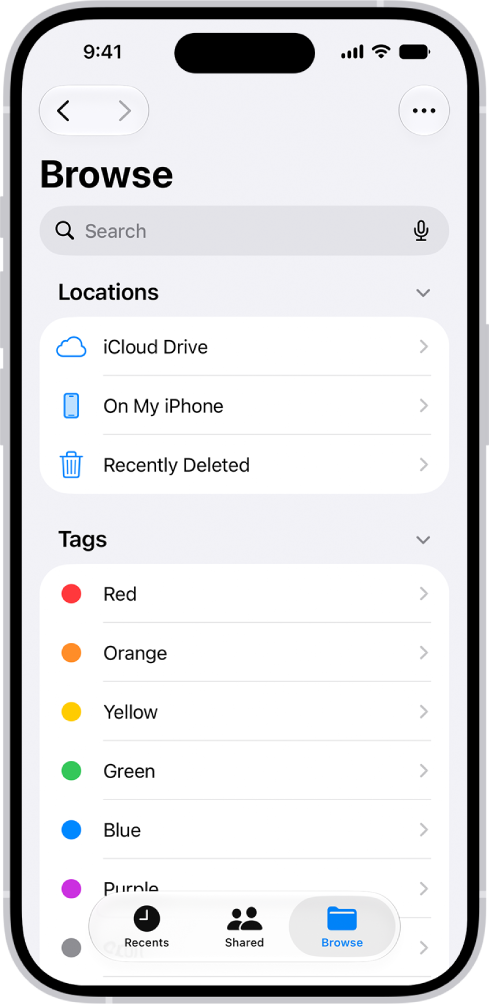 The Files app displaying multiple folders and locations named Downloads, Letters, Family, and so on. At the bottom of the screen are buttons for Recent files, Shared files, and the Browse tab.