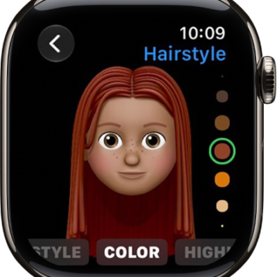 The Memoji app on Apple Watch showing the Nose editing screen. There's a close up of the face, centered on the nose. The word Color appears at the bottom.