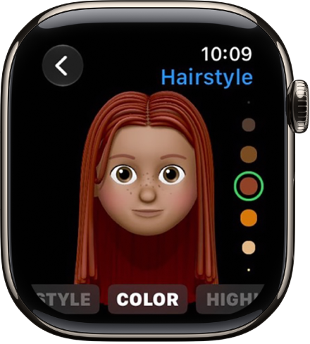 The Memoji app on Apple Watch showing the Nose editing screen. There’s a close up of the face, centered on the nose. The word Color appears at the bottom.