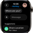 Apple Watch showing a conversation in the Messages app. A suggestion to share a location is at the bottom of the screen.
