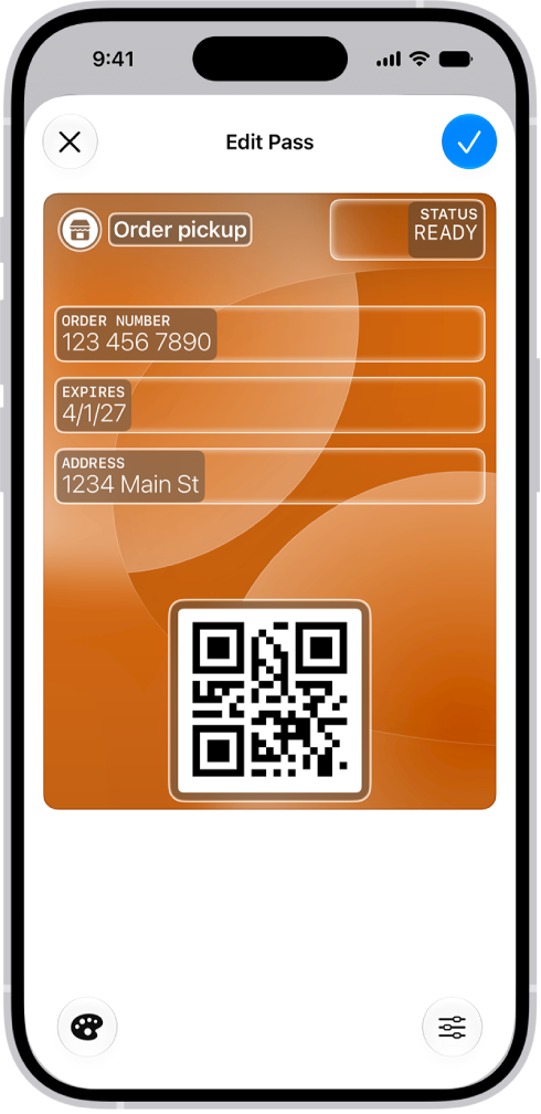 A Wallet screen showing a custom pass with editable fields.