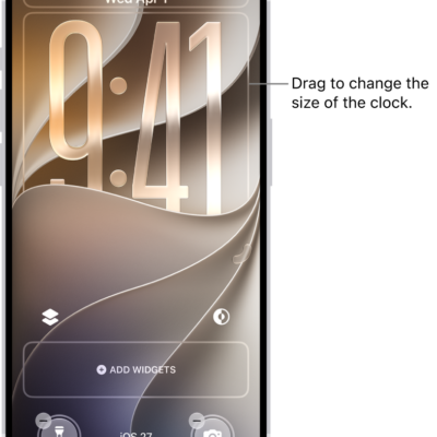 A custom Lock Screen in the process of being edited. Elements available for customization are selected—the date, the time, and a button for adding widgets.