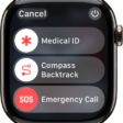 The Apple Watch screen showing the sliders for Medical ID, Compass Backtrack, and Emergency Call. The Power button is at the top right.