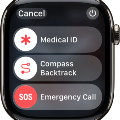 The Apple Watch screen showing the sliders for Medical ID, Compass Backtrack, and Emergency Call. The Power button is at the top right.
