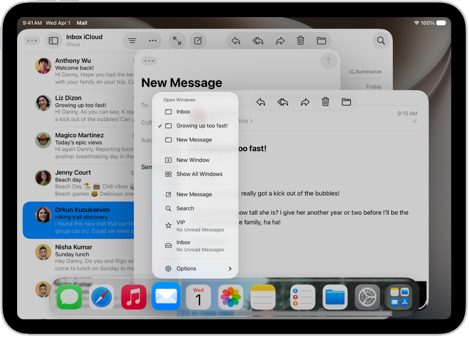 An iPad screen with open windows for the Mail app and showing the app menu for the app in one of the windows.