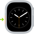 Illustration of Apple Watch with an arrow pointing to the Action button on the left side.