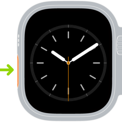 Illustration of Apple Watch with an arrow pointing to the Action button on the left side.