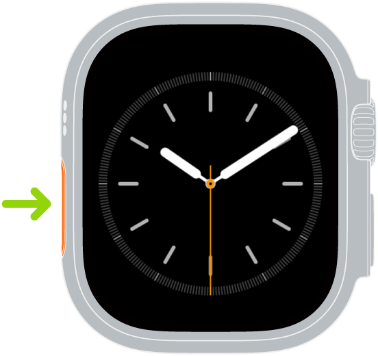 Illustration of Apple Watch with an arrow pointing to the Action button on the left side.