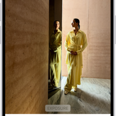 On iPhone, a phot is being edited in the Photos app. The Adjust button is selected, and a slider is available below the Exposure setting to adjust its level. The Cancel button is in the top-left corner of the screen and the Done button is in the top-right corner.