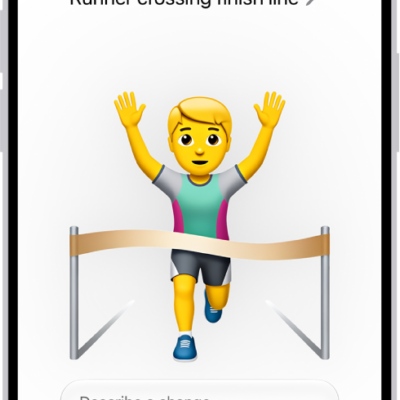 The Genmoji window showing a created Genmoji of a man running across a finish line.