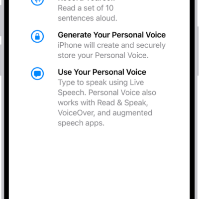 An iPhone with information about how to create a Personal Voice.
