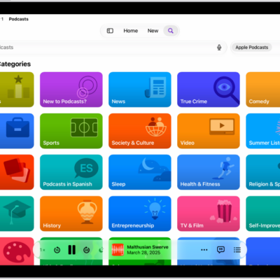 The Search screen in the Podcasts app, showing podcast categories. Towards the bottom of the screen is the MiniPlayer.