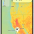 A wind map of the ocean fills the Weather app screen. The Close Map button and the Wind Map Overlay Scale are in the top-left corner. In the top-right corner, from top to bottom, are the Overlay Menu, Current Location, and Locations buttons. Along the bottom is a timeline.
