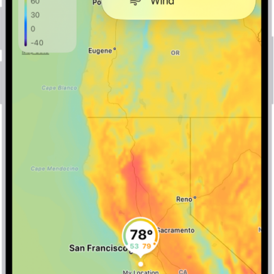 A wind map of the ocean fills the Weather app screen. The Close Map button and the Wind Map Overlay Scale are in the top-left corner. In the top-right corner, from top to bottom, are the Overlay Menu, Current Location, and Locations buttons. Along the bottom is a timeline.