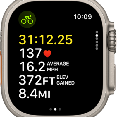 A cycling workout in progress shows the workout's elapsed time, heart rate, average speed, elevation gained, and total distance.
