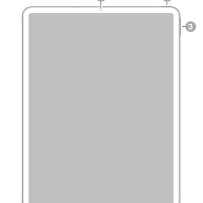 The front view of iPad Pro with callouts to the front camera at the top center, the top button at the top right, and the volume buttons on the right.