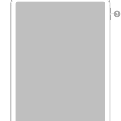 The front view of iPad Air with callouts to the front camera at the top center, the top button and Touch ID at the top right, and the volume buttons on the right.