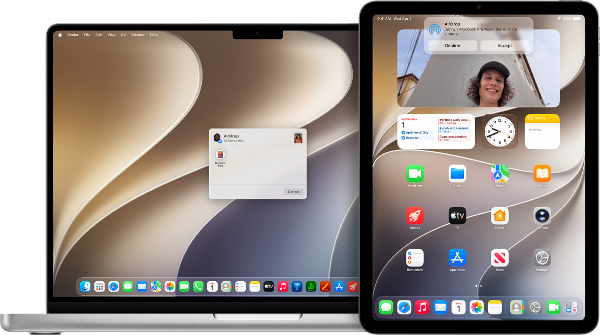 A Mac is next to an iPad. The AirDrop dialog is open on the Mac desktop, ready to share a document with the iPad. The iPad screen has a notification about receiving the document.