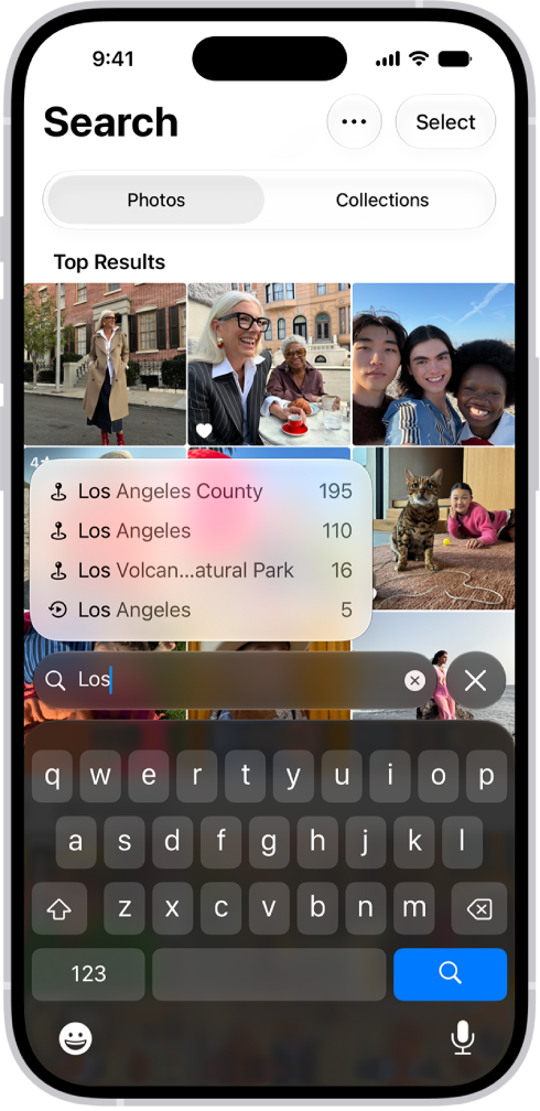 The Search screen in the Photos app showing search suggestions based on the text entered in the search field.