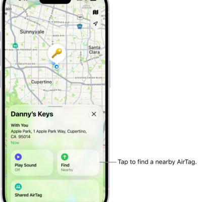 The Find My app open, showing Danny's keys in Golden Gate Park. Tap the Find button to locate a nearby AirTag.